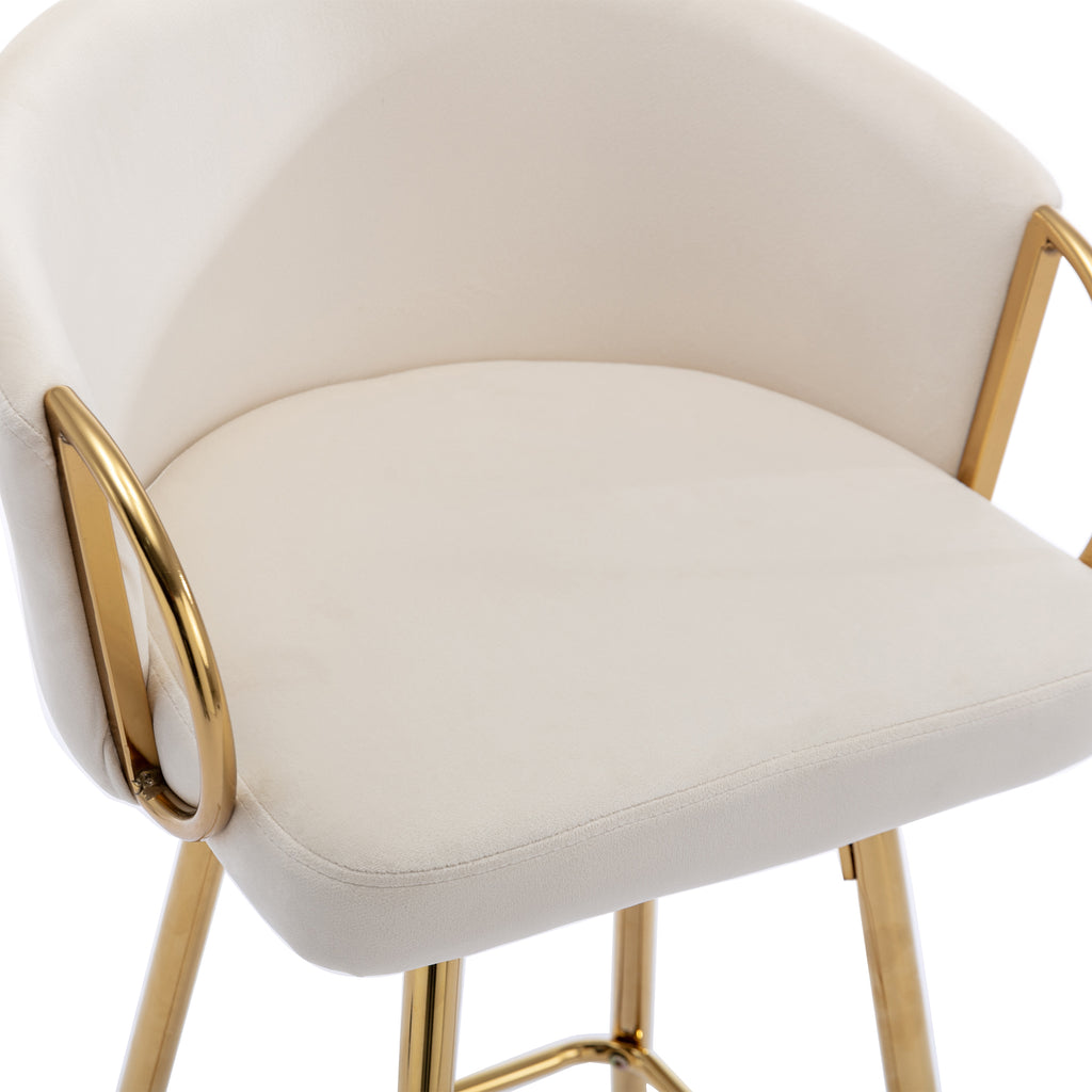 26 Inch Set of 2 Bar Stools,with Chrome Footrest and Base Velvet + Golden Leg Simple Bar Stoo,CREAM - Grand Goldman Shop