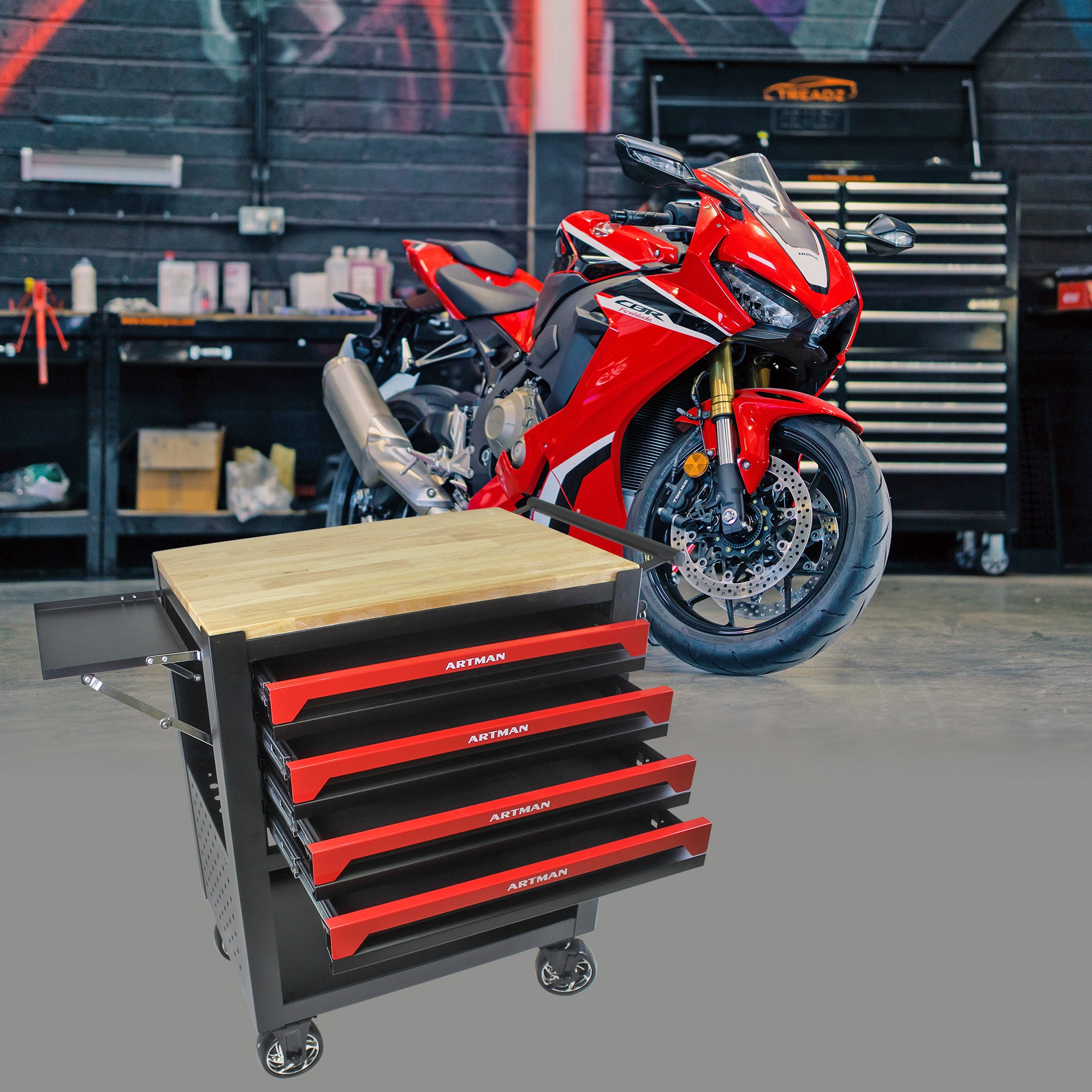 4 Drawers Multifunctional Tool Cart With Wheels And Wooden Top - Grand Goldman