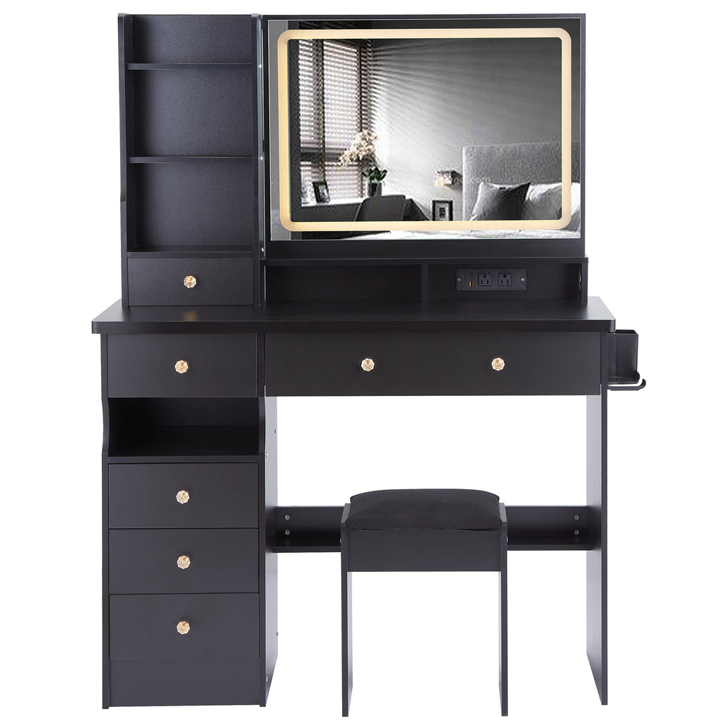 41' Large Size Left Drawer Desktop Vanity Table+Cushioned Stool Dresser Set, 2 AC+2 USB Power Station, Hair Dryer Stand, Extra Large Touch Control LED Mirror, 3-color Switch, EPA, GCC, UL Certificate - Grand Goldman Shop