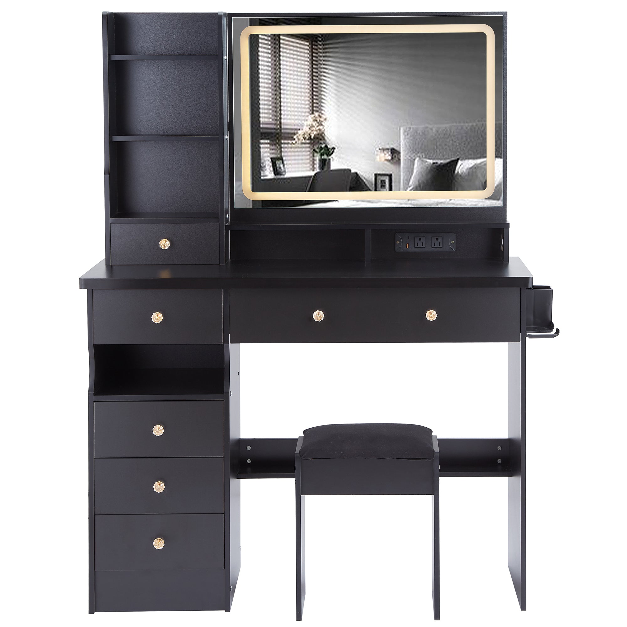 41' Large Size Left Drawer Desktop Vanity Table+Cushioned Stool Dresser Set, 2 AC+2 USB Power Station, Hair Dryer Stand, Extra Large Touch Control LED Mirror, 3-color Switch, EPA, GCC, UL Certificate - Grand Goldman Shop