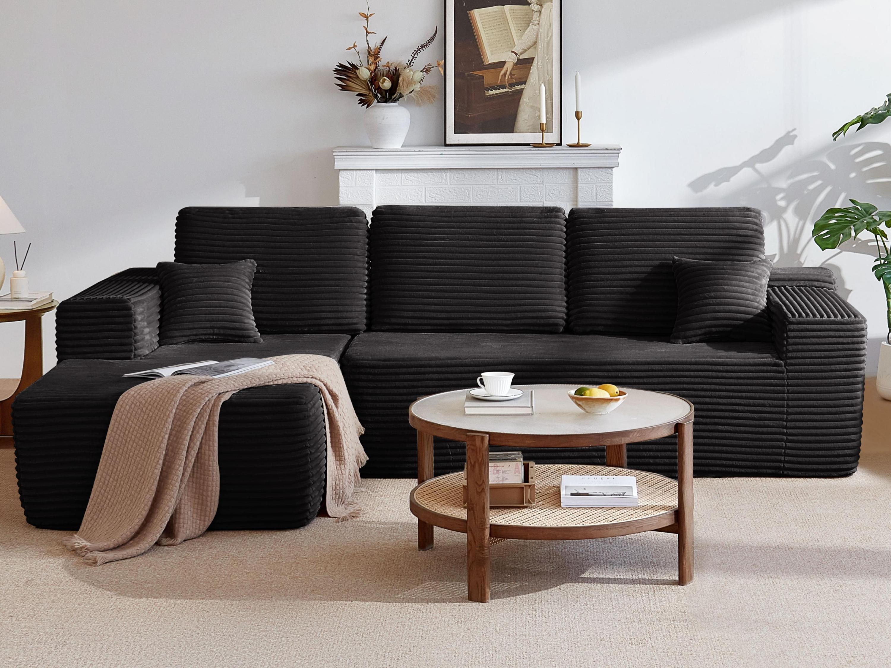 104' Cloud Sectional Sofa with L-Shape Chaise and Side Pockets , Modern Modular Design, Deep Seating, Upholstered Couch for Living Room/Bedroom, No Assembly Required (Plush Fabric), Black, Left-facing - Grand Goldman Shop