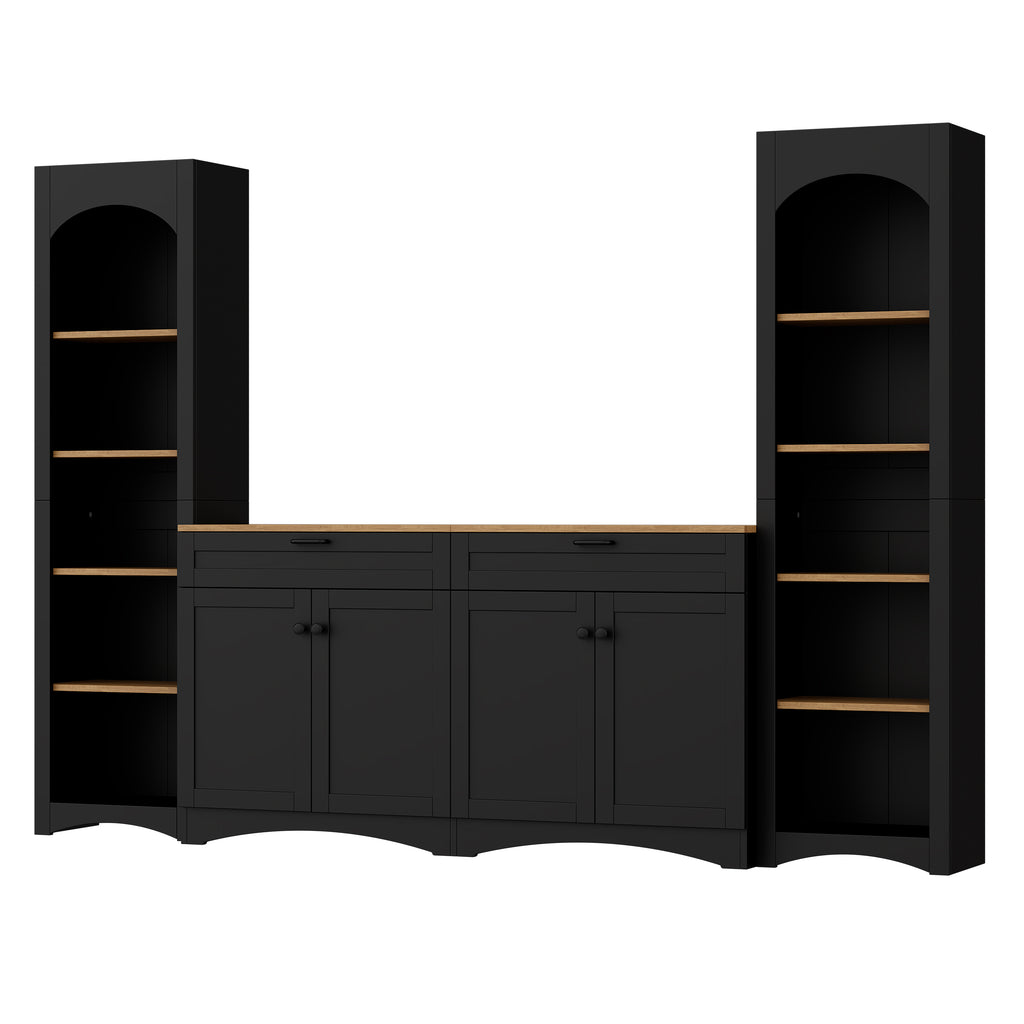 ON-TREND 3-Piece Farmhouse Entertainment Center with Storage Cabinet for TVs Up to 70', Mid-Century TV Stand with Bookshelf, Rustic Versatile Sideboard with Adjustable Shelves for Living Room, Black - Grand Goldman Shop