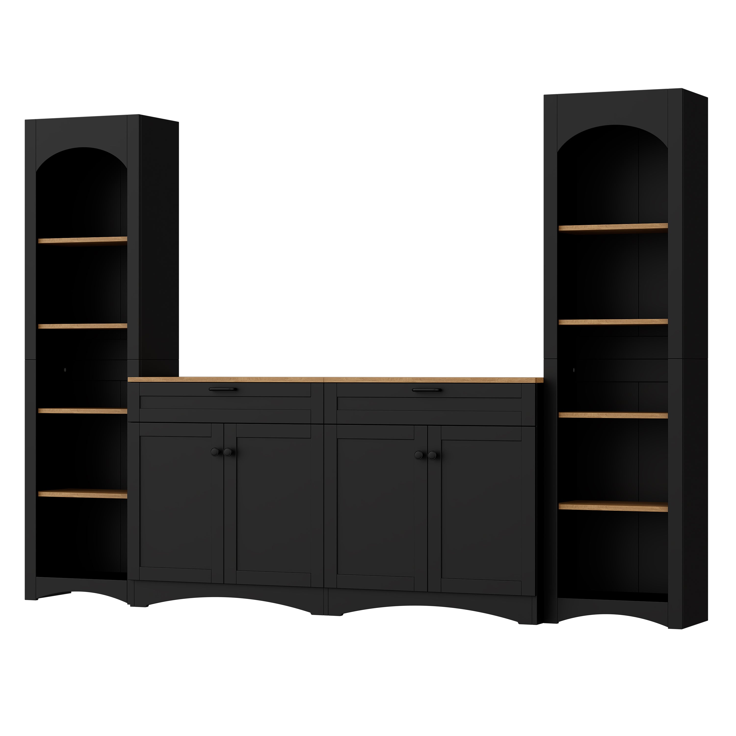 ON-TREND 3-Piece Farmhouse Entertainment Center with Storage Cabinet for TVs Up to 70', Mid-Century TV Stand with Bookshelf, Rustic Versatile Sideboard with Adjustable Shelves for Living Room, Black - Grand Goldman Shop