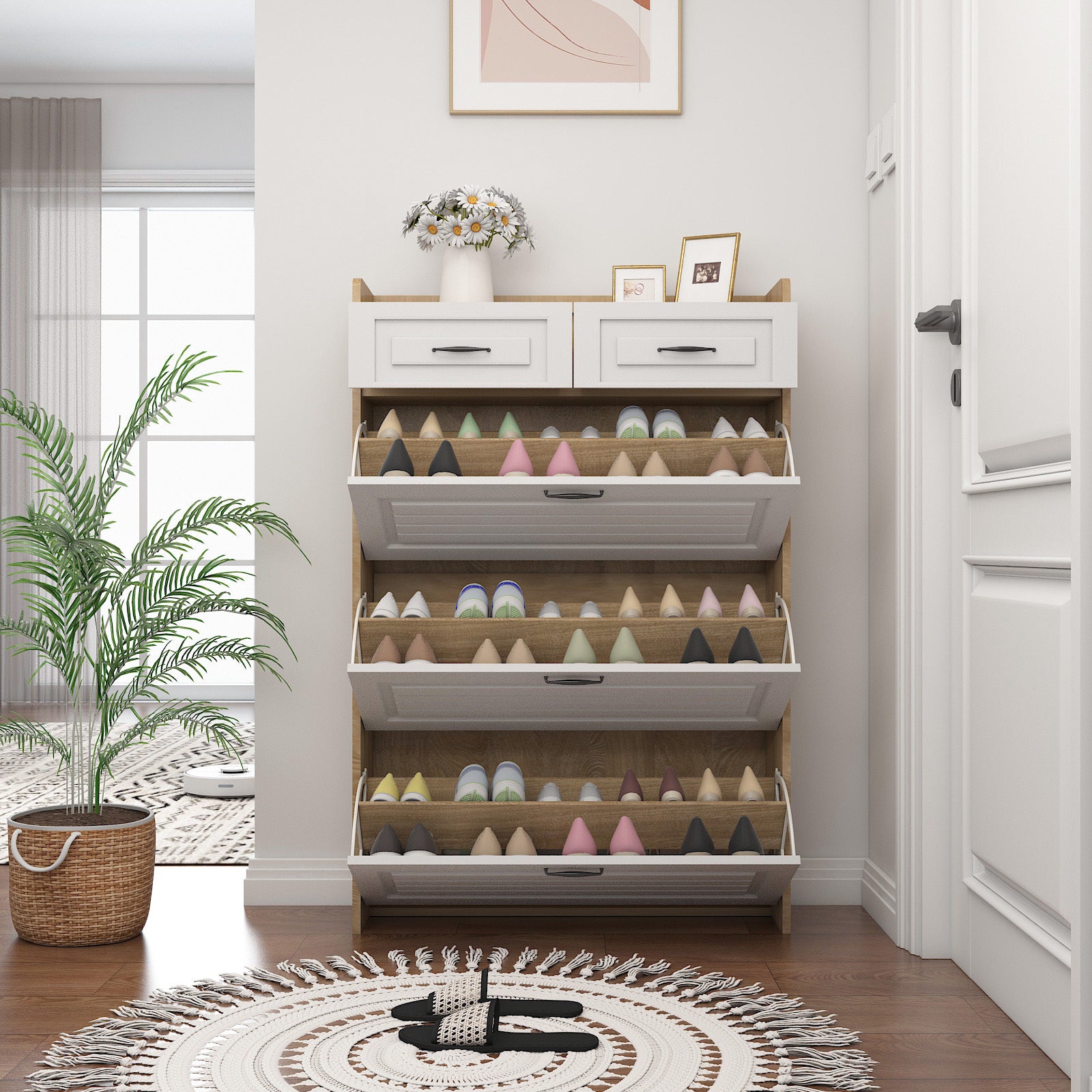 1250 White +Oak Color shoe cabinet  with 3 doors 2 drawers,large space for storage - Grand Goldman Shop