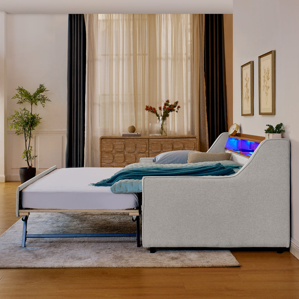 Beige Linen Upholstered Twin Sofa Bed with LED Lights, Wireless Charging, Adjustable Headboard Storage & Foldable Trundle, 80.5''x46''x34'' - Grand Goldman Shop