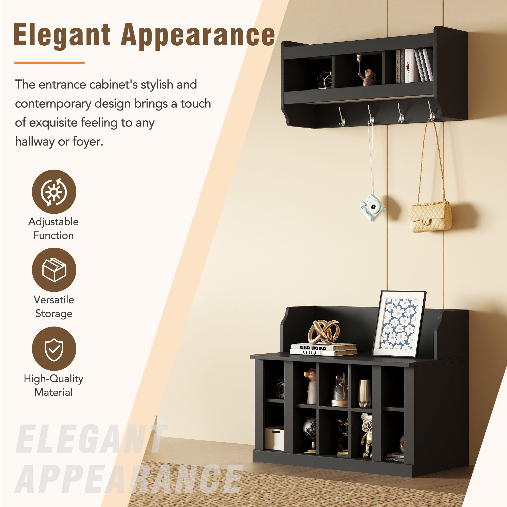 ON-TREND Shoe Storage Bench with Shelves and 4 Hooks, Elegant Hall Tree with Wall Mounted Coat Rack, Entryway Organizer For Hallway, Foyer, Mudroom, Black - Grand Goldman Shop