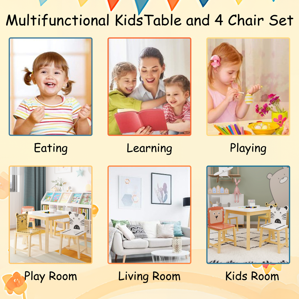 Kids Wood Table and Chair Set with Cartoon Animals Design, White Solid Wood & MDF Furniture for Ages 3-8, 5-Piece Table and C