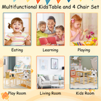 Kids Wood Table and Chair Set with Cartoon Animals Design, White Solid Wood & MDF Furniture for Ages 3-8, 5-Piece Table and C