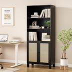 Tall Bookcase with Rattan Doors,5 Tier Storage Wood Shelves Large Bookshelf for Library Living Room Bedroom Home Office,Black