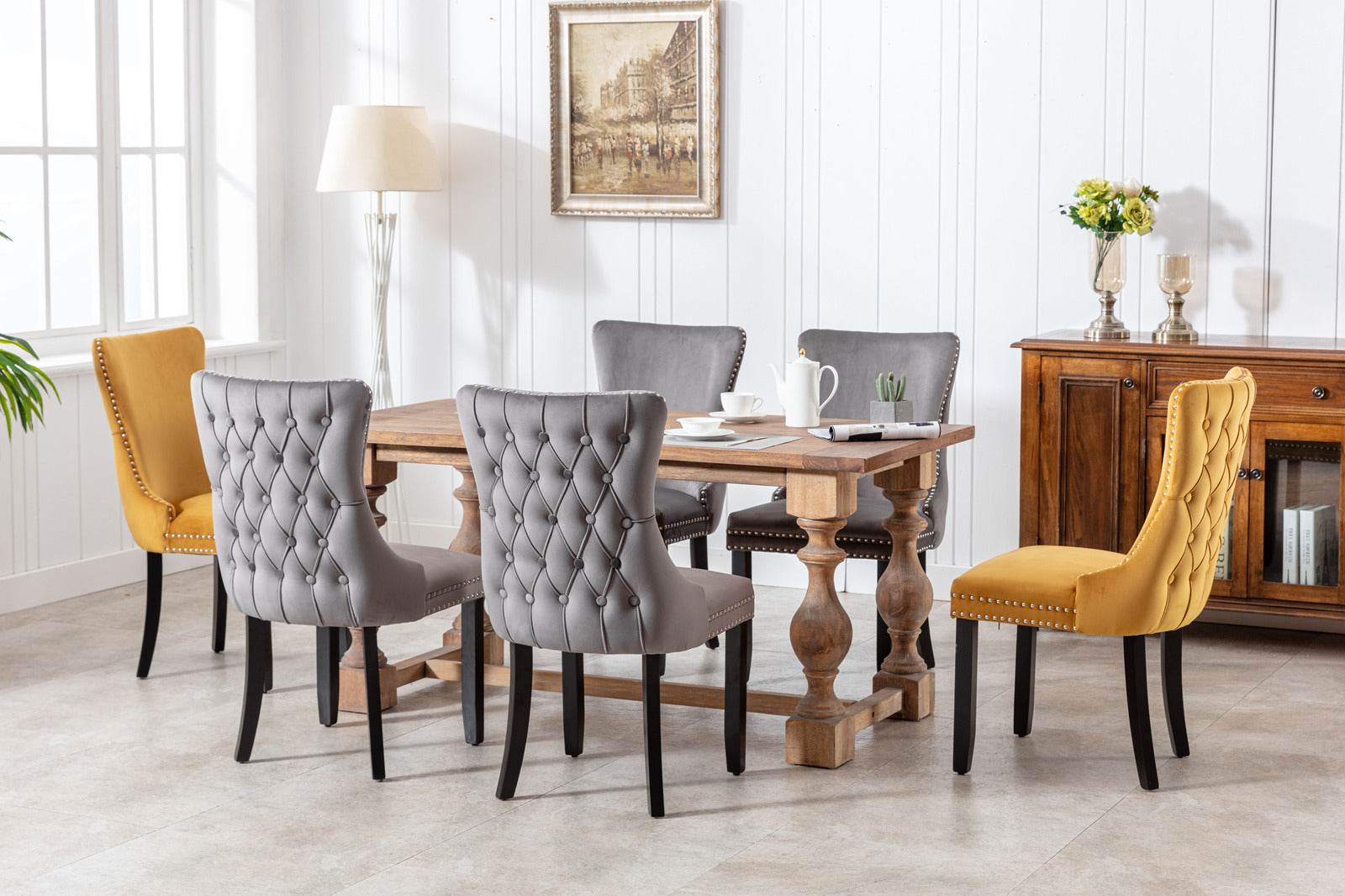 A&A Furniture,Upholstered Wing-Back Dining Chair with Backstitching Nailhead Trim and Solid Wood Legs,Set of 2, Gray,SW8809GY,  KD - Grand Goldman Shop