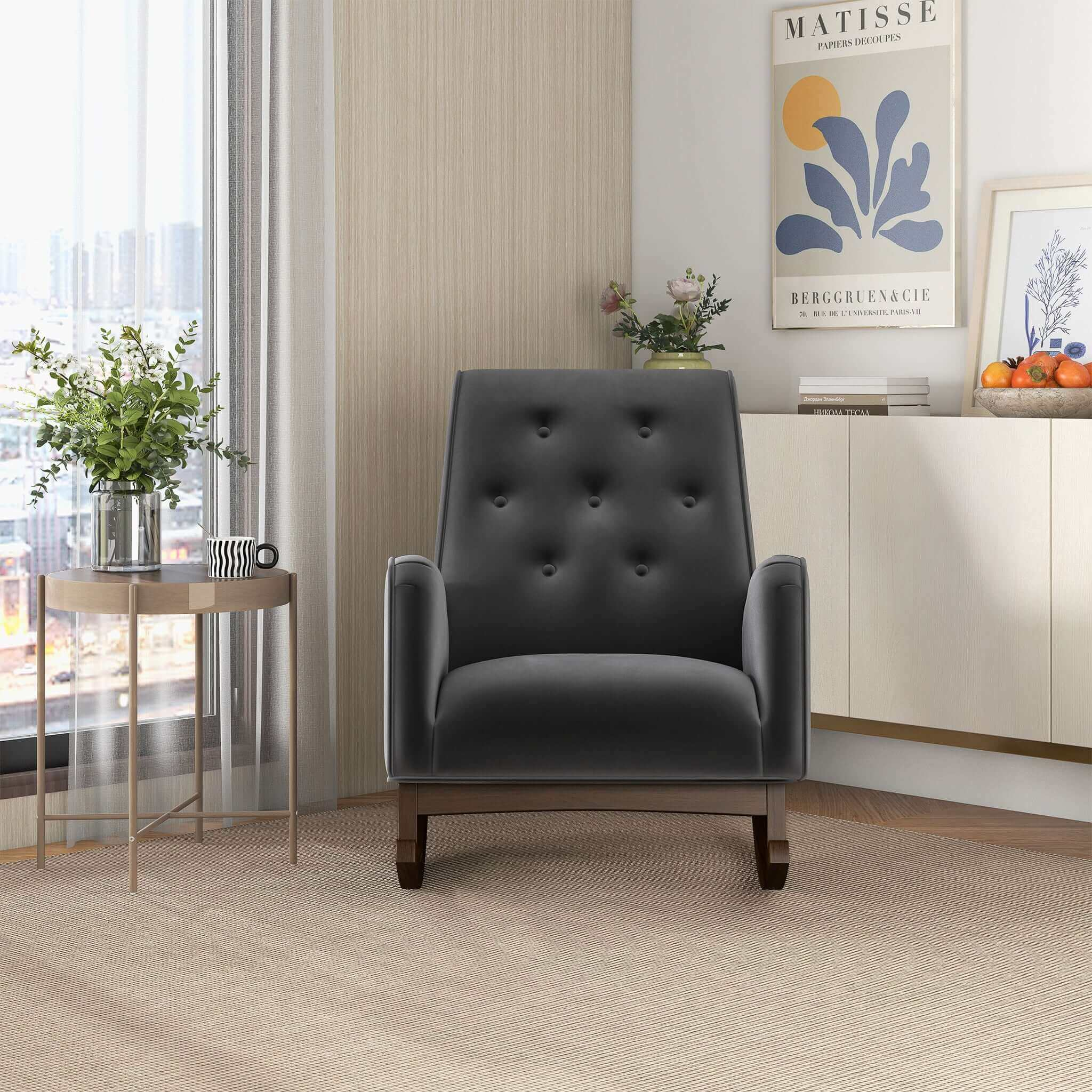 Elegant Style Demetrius Dark Grey Fabric Rocking Chair with Solid Wood Frame for Living Room and Nursery 36.6'H x 27.5'W x 39'D for Living Room Bedroom Reading - Grand Goldman Shop