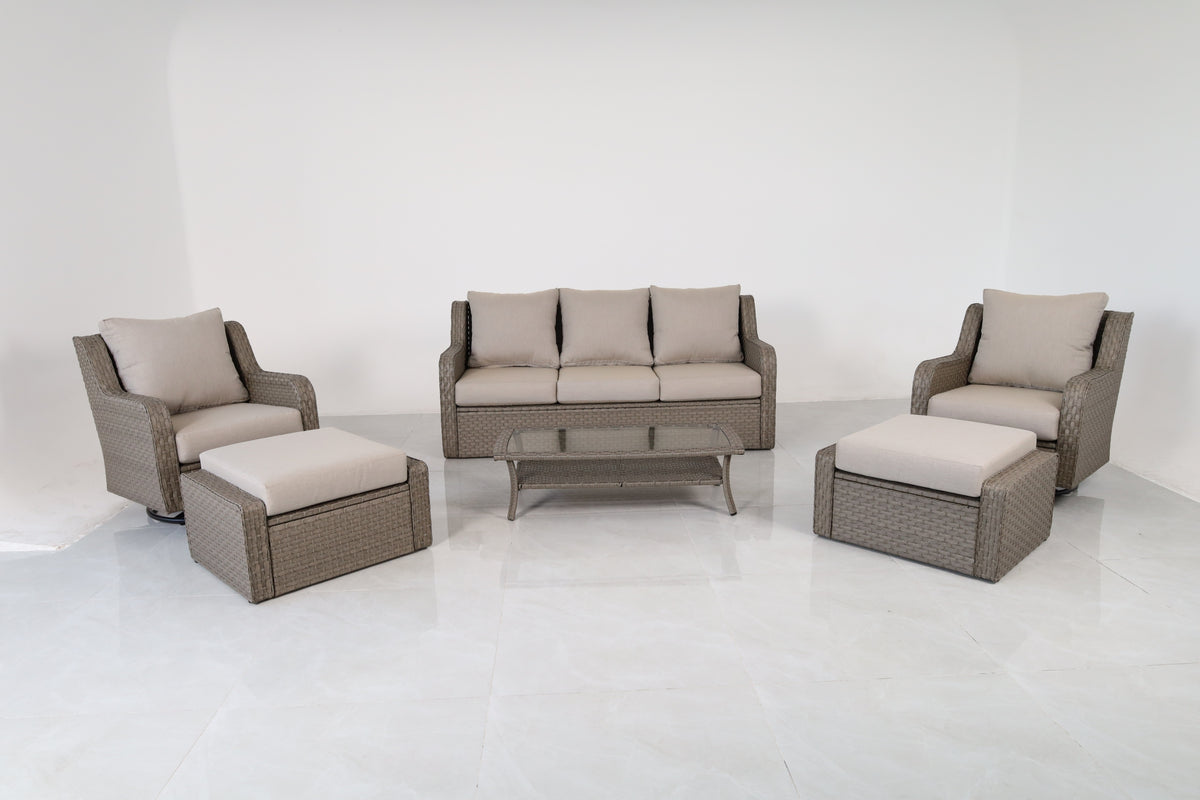 Luxuriöses 5-teiliges Rattan-Loungemöbel-Set für die Terrasse – inkl. 2 Drehsesseln, Sofa, Couchtisch und 2 Hockern mit hochwertigen beigefarbenen Kissen