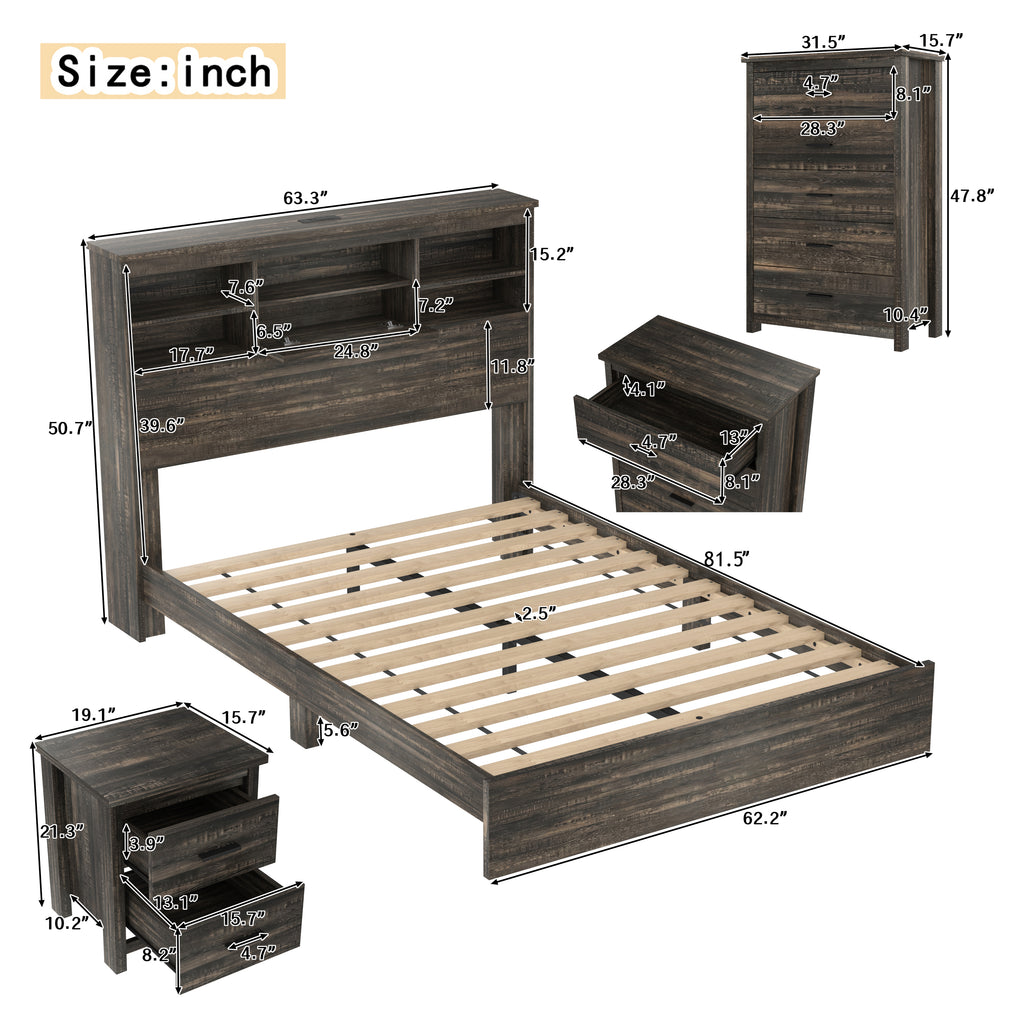 4PCS Bedroom Sets, Wooden Queen Size Bed Frame with Storage Headboard and Charging Station, 2 Nightstands with 2 Drawers, 1 Dresser with 5 Drawers, Antique Gray - Grand Goldman Shop