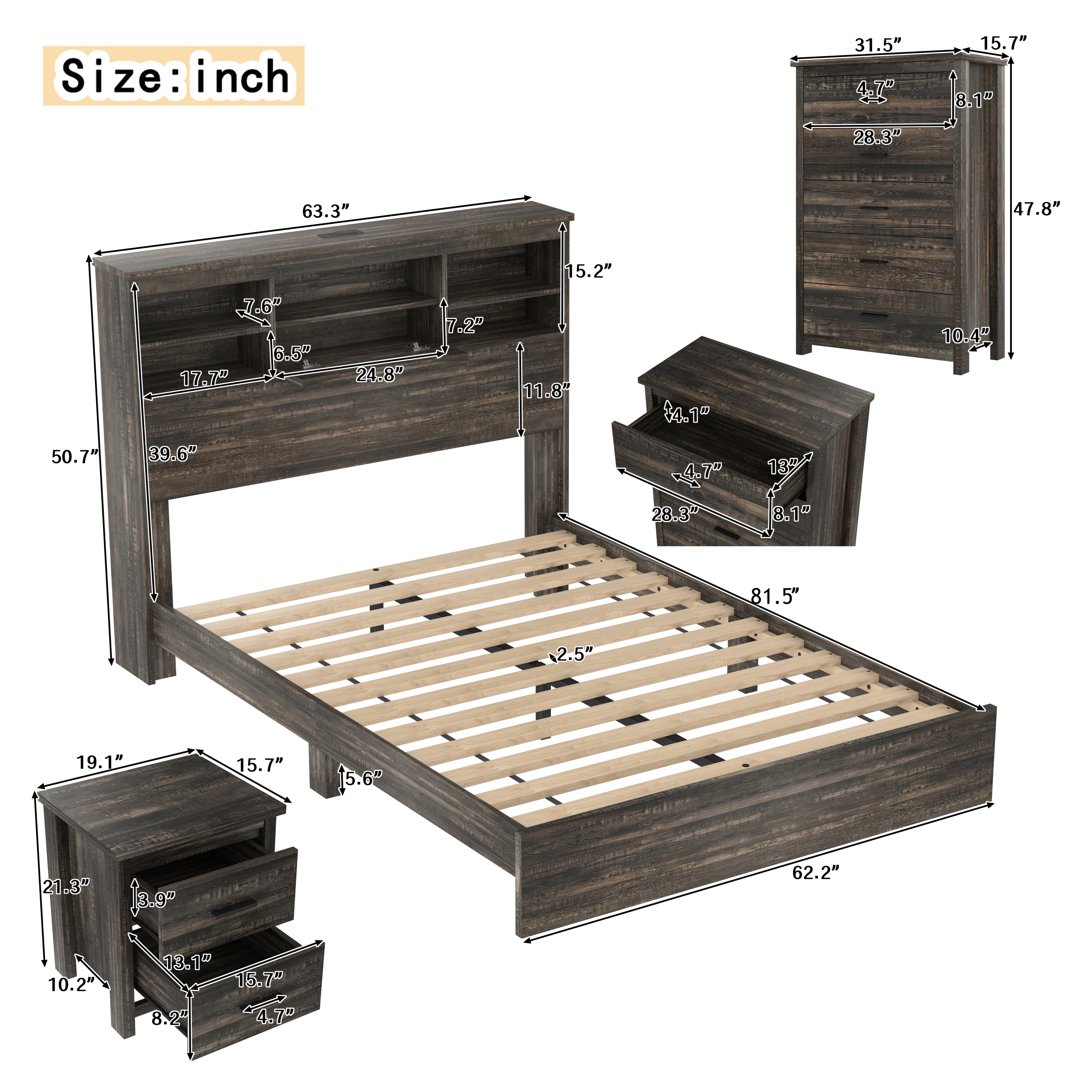4PCS Bedroom Sets, Wooden Queen Size Bed Frame with Storage Headboard and Charging Station, 2 Nightstands with 2 Drawers, 1 Dresser with 5 Drawers, Antique Gray - Grand Goldman Shop