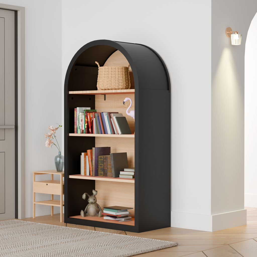 4-Tier Black Arched Bookshelf, 43' Tall Arched Bookcase with Storage Shelves - Grand Goldman Shop