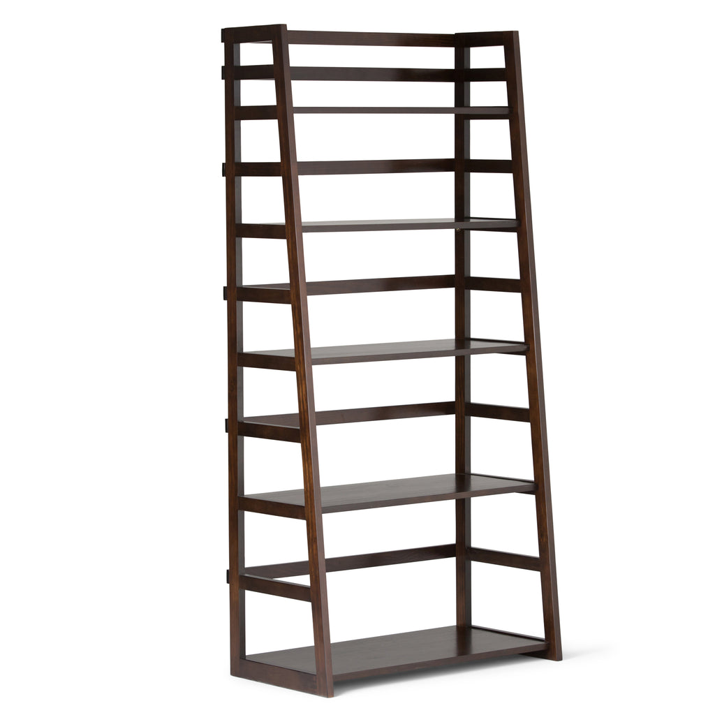 Acadian Transitional Ladder Shelf Bookcase in Dark Brunette Brown Wood, 30W x 15.9D x 63H inches - Shop Quality Furniture at 