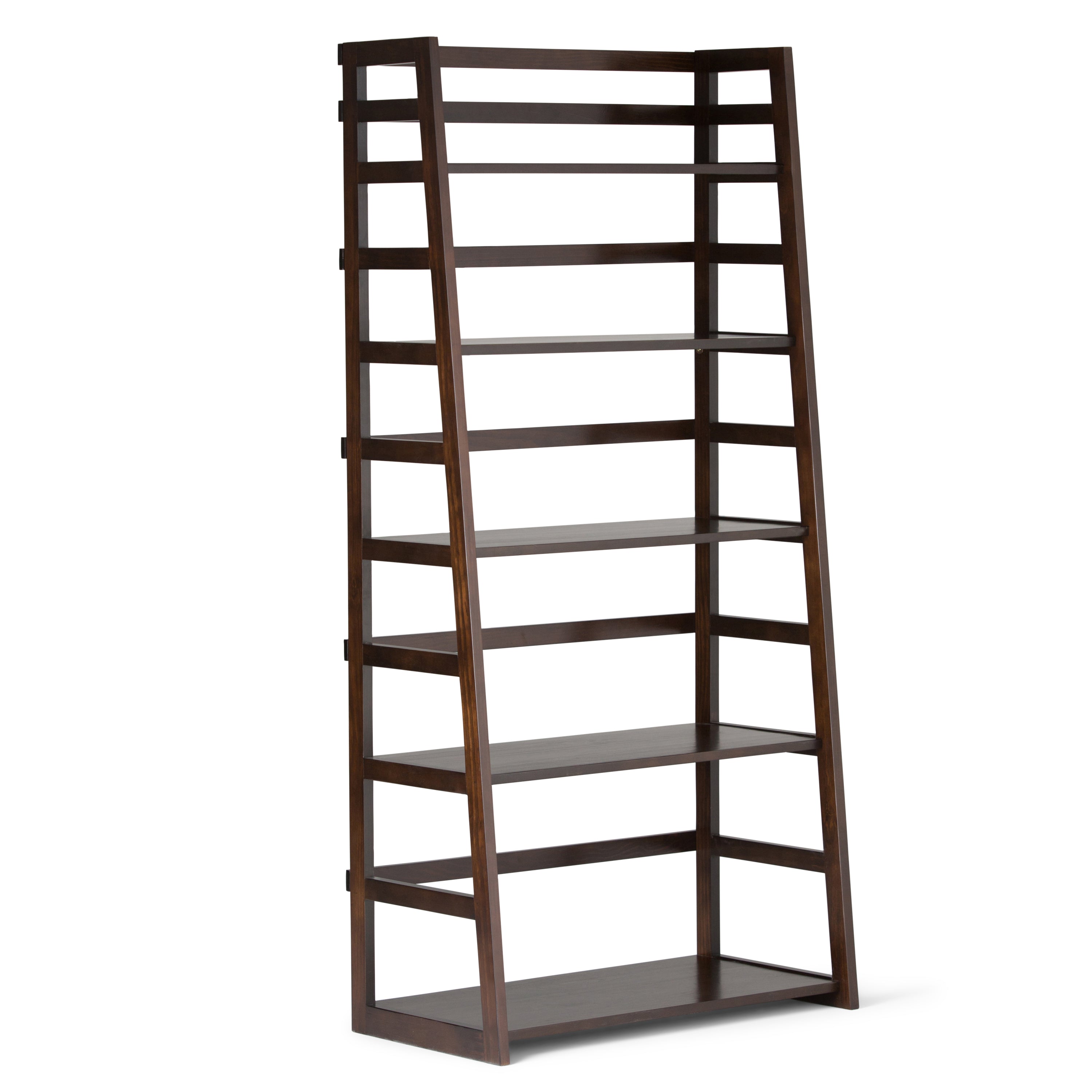 Acadian Transitional Ladder Shelf Bookcase in Dark Brunette Brown Wood, 30W x 15.9D x 63H inches - Shop Quality Furniture at 