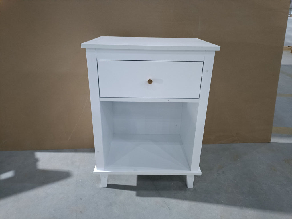 26.77''H White Wooden Nightstand with One Drawer and Shelf, Golden Handle, MDF Construction for Kids and Adults - Grand Goldman Shop