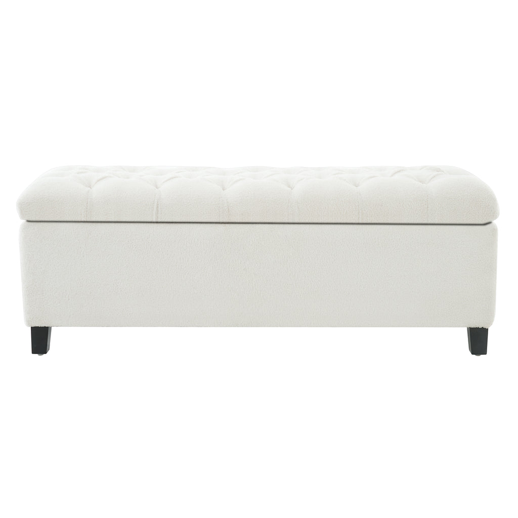 Ottoman Bench with Storage, White Boucle Surface, Rubber Wood Legs, 300 lbs Capacity - Grand Goldman Shop