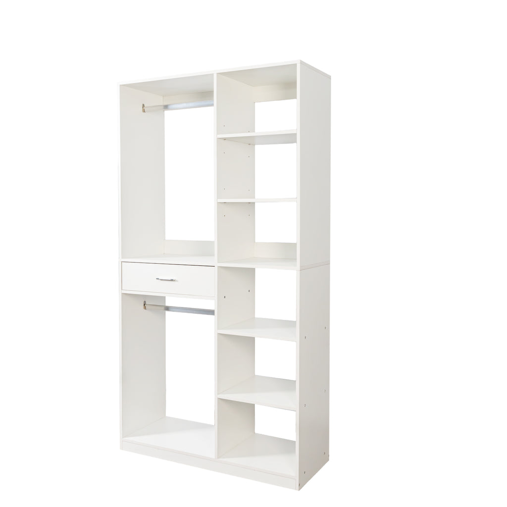 Freestanding Closet System,  Stand-Alone Wardrobe with 6 open Shelves,74.8'' Heigh Closetwith 1 Wood Drawers, Wood Walk-in Closet with 2 Hanging Rod, White - Grand Goldman Shop