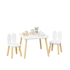Rabbit Themed Kids Table and 2 Chairs Set, White Solid Wood & MDF Play Table with Rounded Edges, 3-Piece Toddler Furniture fo