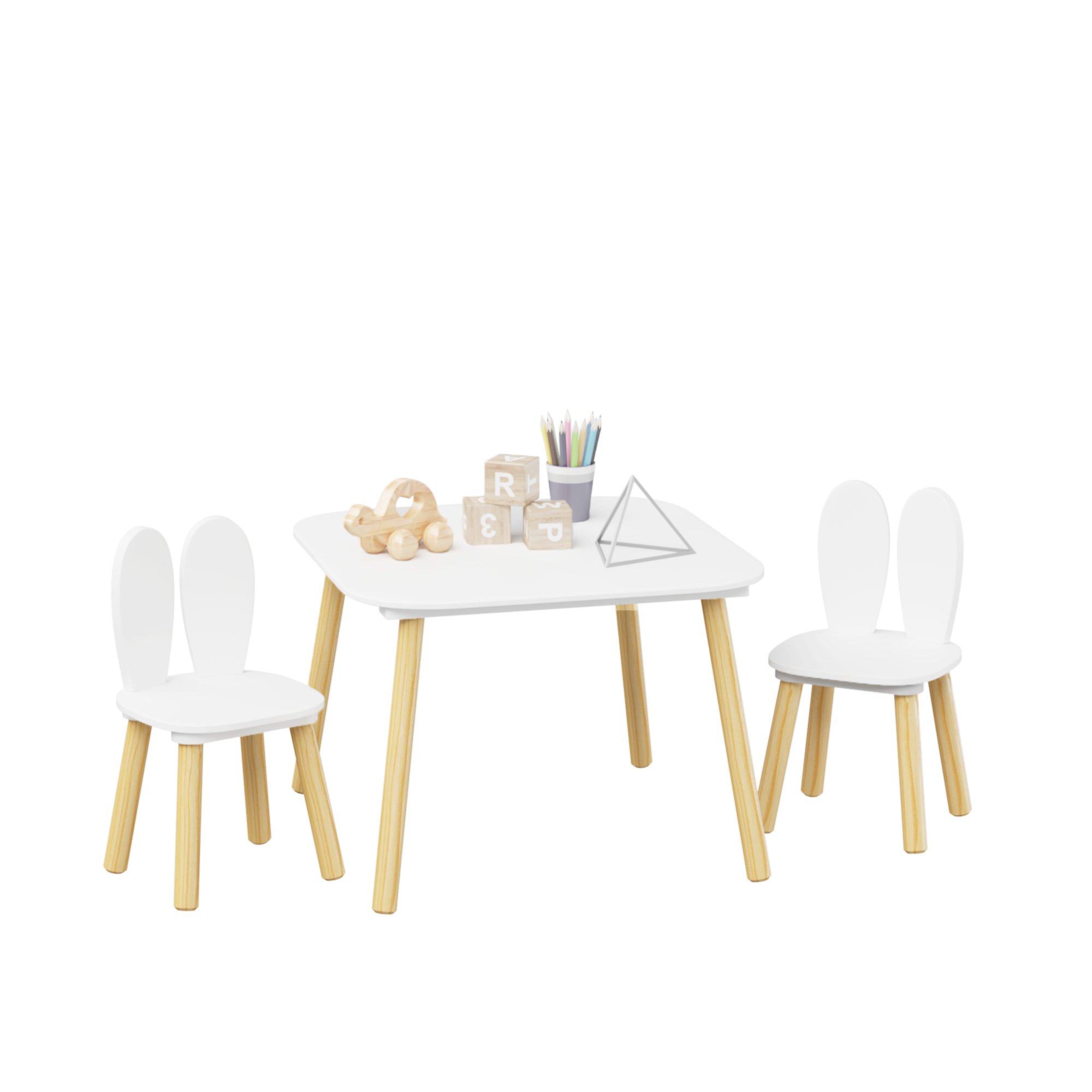 Rabbit Themed Kids Table and 2 Chairs Set, White Solid Wood & MDF Play Table with Rounded Edges, 3-Piece Toddler Furniture fo