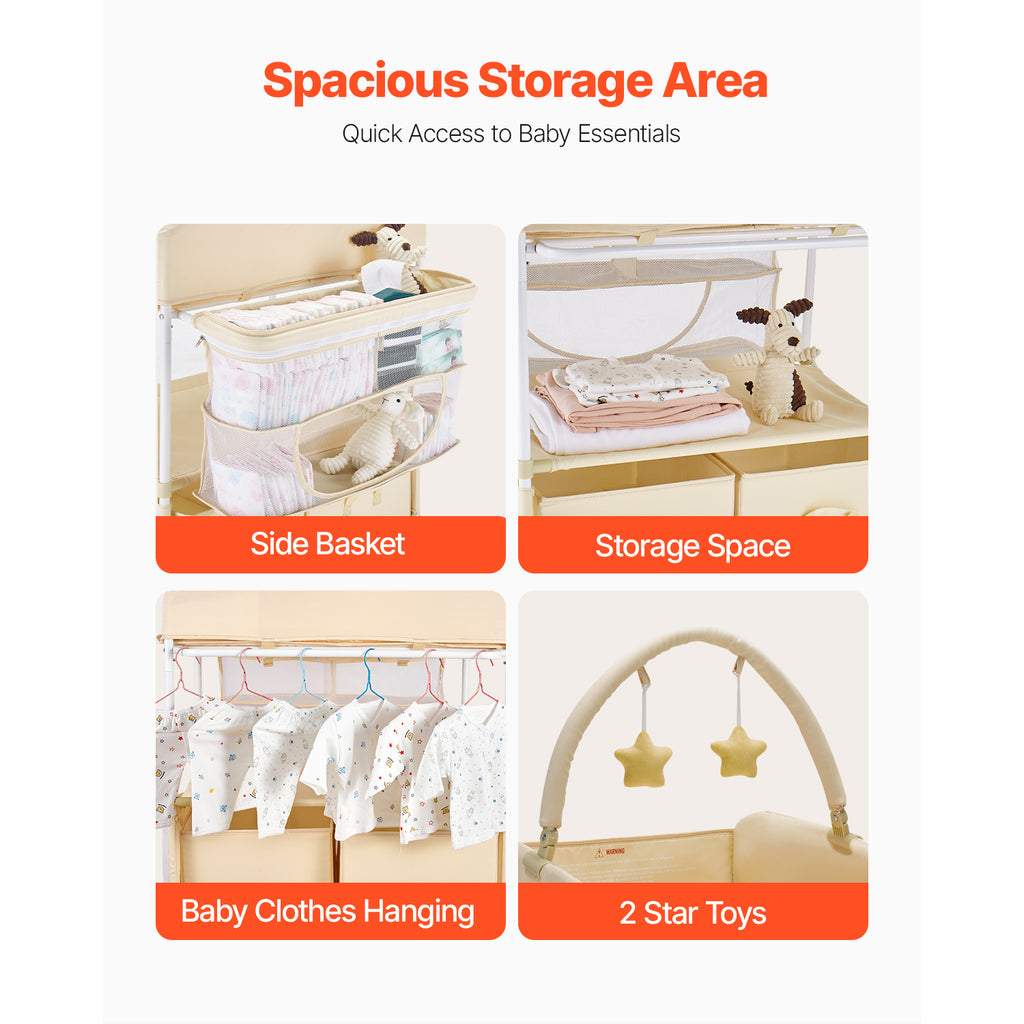 Baby Changing Table, Foldable Diaper Change Station with 2 Fabric Drawers, Side Basket & Hanging Rod, Adjustable Height Porta