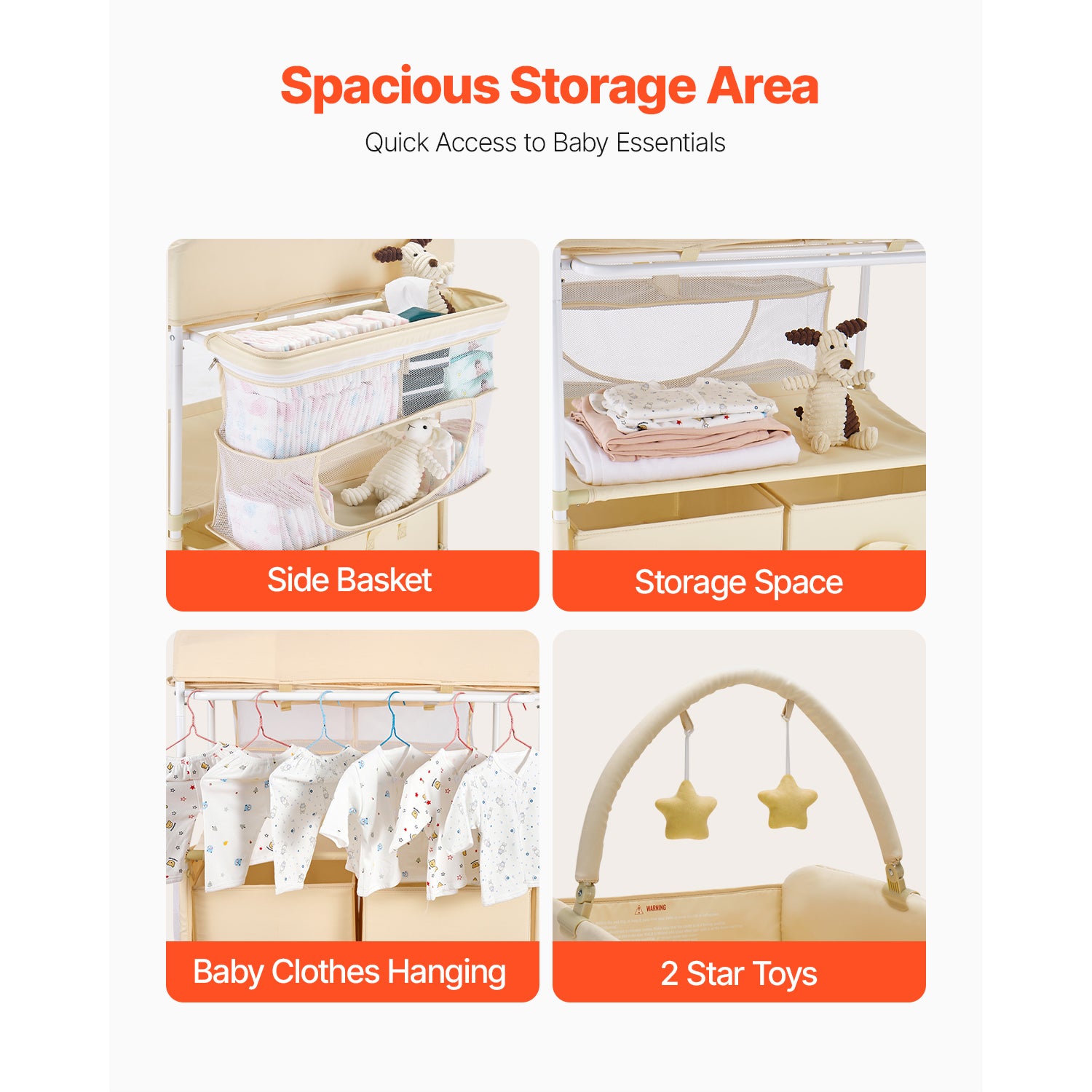 Baby Changing Table, Foldable Diaper Change Station with 2 Fabric Drawers, Side Basket & Hanging Rod, Adjustable Height Porta