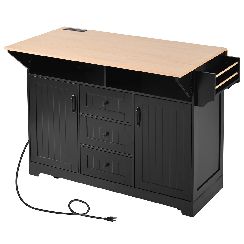 K&K 55.7'' Large Kitchen Island with 2 Drop Leaf,, Rolling Kitchen Cart on 5 Wheels with Power Outlet, Folding Storage Dining Table with Spice & Towel Rack , 3 Drawers, for Kitchen, Dining Room,Black - Grand Goldman Shop