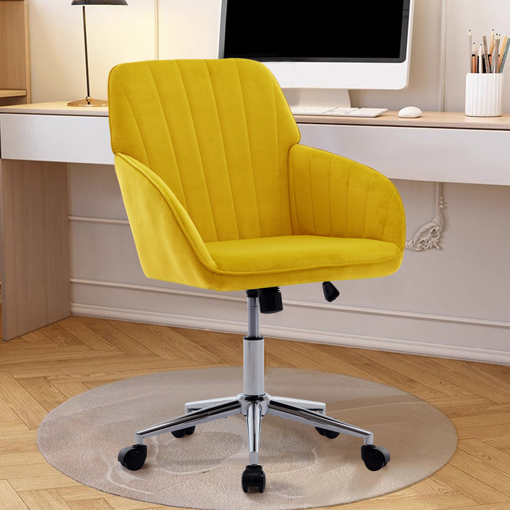 TY Modern Office Chair with Gold Base, Bright Yellow Velvet Upholstery, Wide Backrest and Adjustable Height for Home or Offic