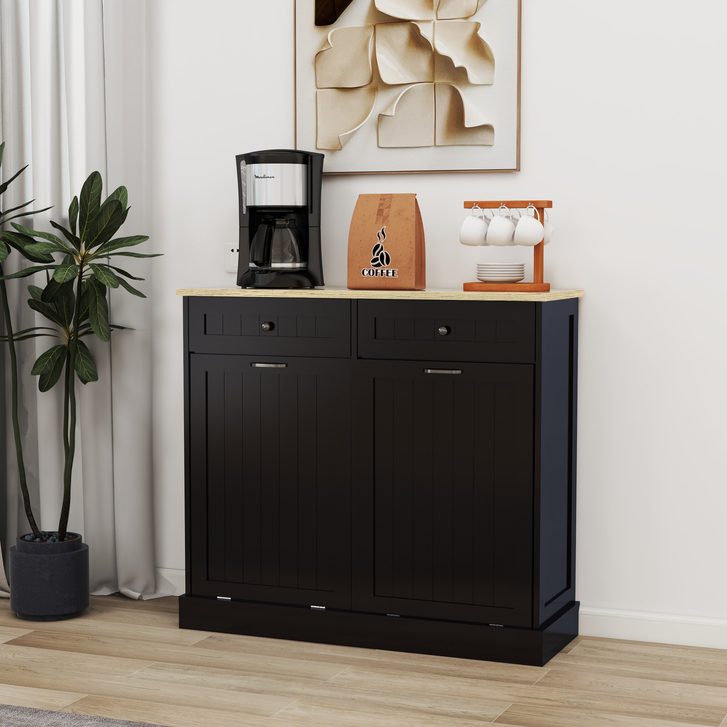 Two Drawers and Two-Compartment Tilt-Out Trash Cabinet Kitchen Trash Cabinet-Black - Grand Goldman Shop
