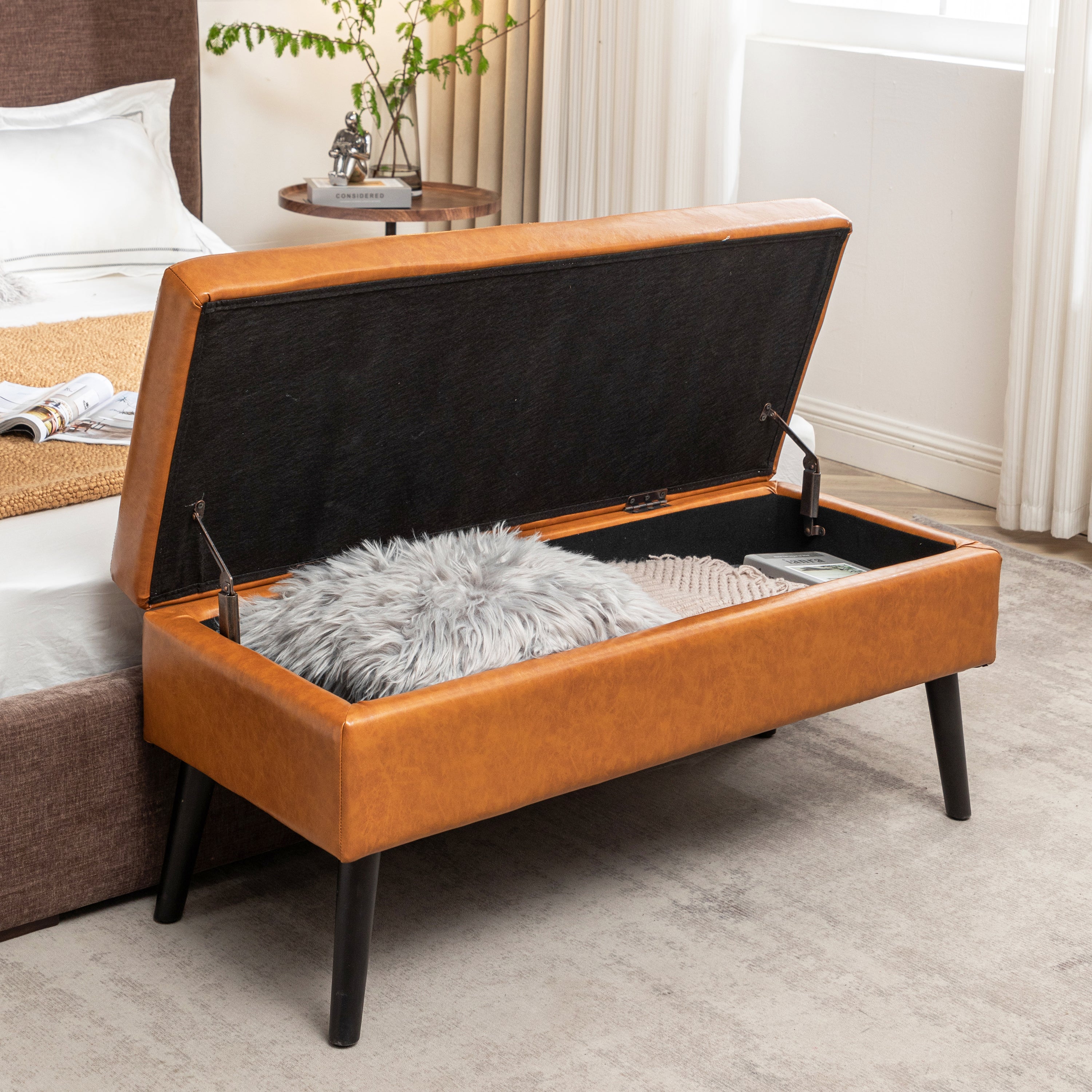 Storage Bench with Storage Bench for Bedroom End of Bed Bench Foot of Bed Bench Entryway Bench Storage Ottoman Bench 43.3' W x 17.7' Brown Leather Bench - Grand Goldman Shop