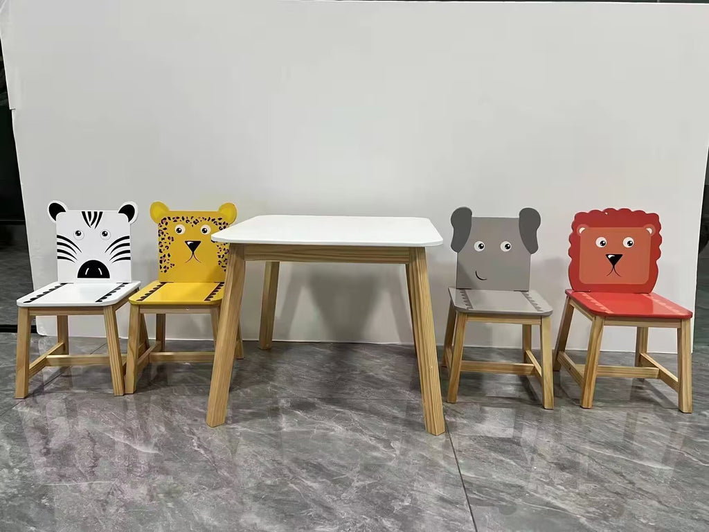 Kids Wood Table and Chair Set with Cartoon Animals Design, White Solid Wood & MDF Furniture for Ages 3-8, 5-Piece Table and C