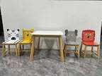 Kids Wood Table and Chair Set with Cartoon Animals Design, White Solid Wood & MDF Furniture for Ages 3-8, 5-Piece Table and C
