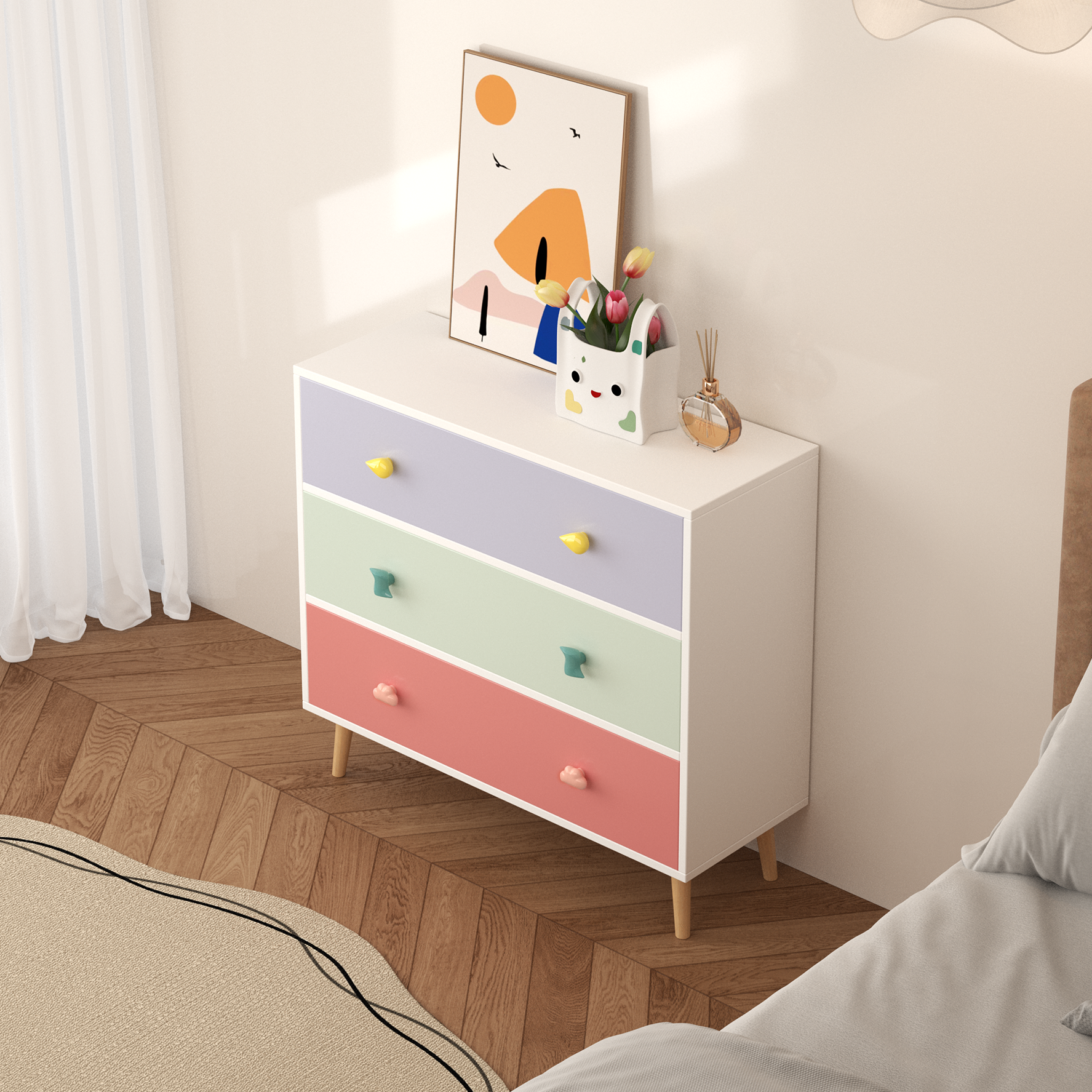 Kids 3 Drawer Dresser, Colorful Storage Cabinet with Anti-Tip Safety for Toddler Room, Nursery, Living Room, Apartment - Soli