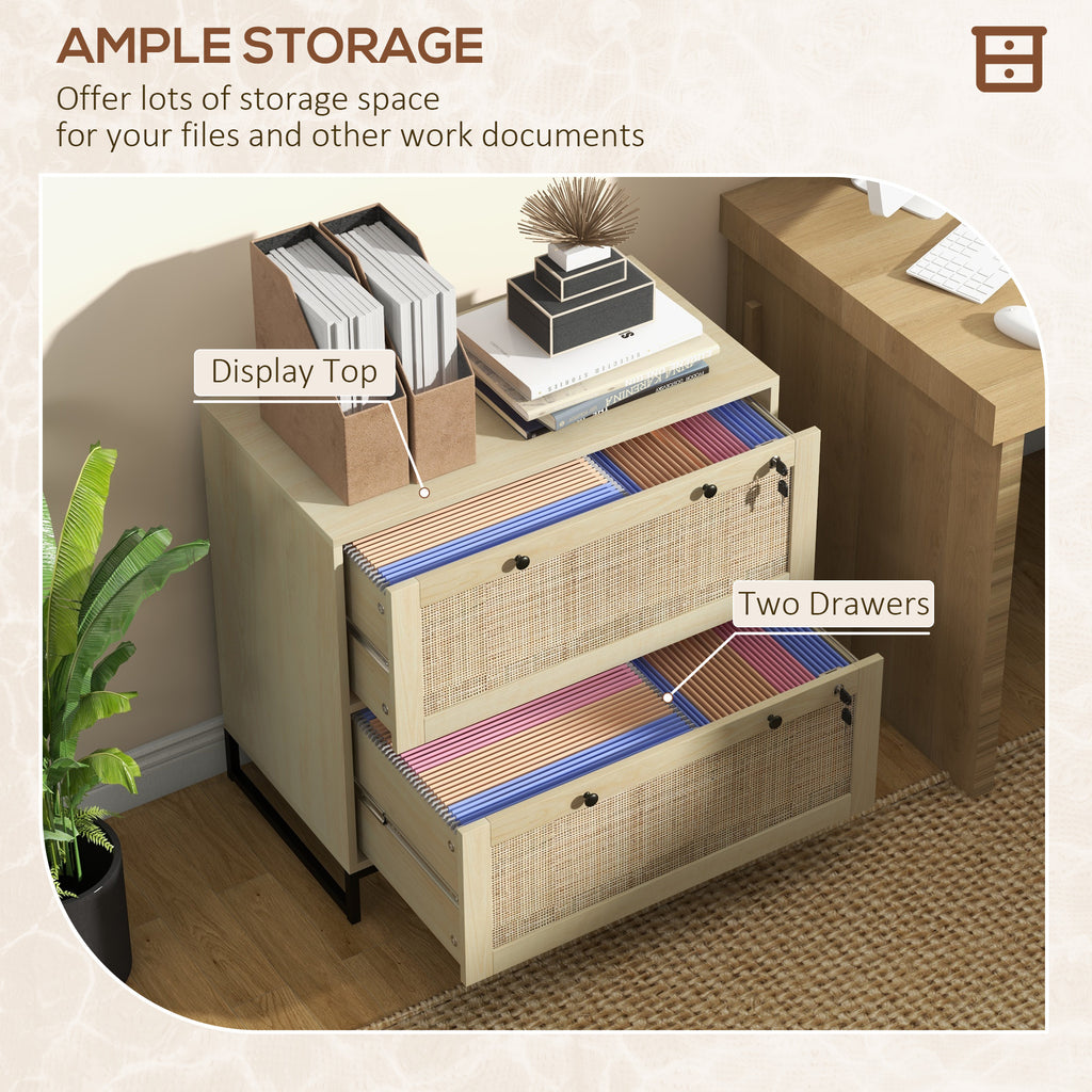 Vinsetto 2 Drawer File Cabinet with Lock, Vertical Filing Cabinet with Keys, Rattan Drawers and Adjustable Hanging Bar for Le