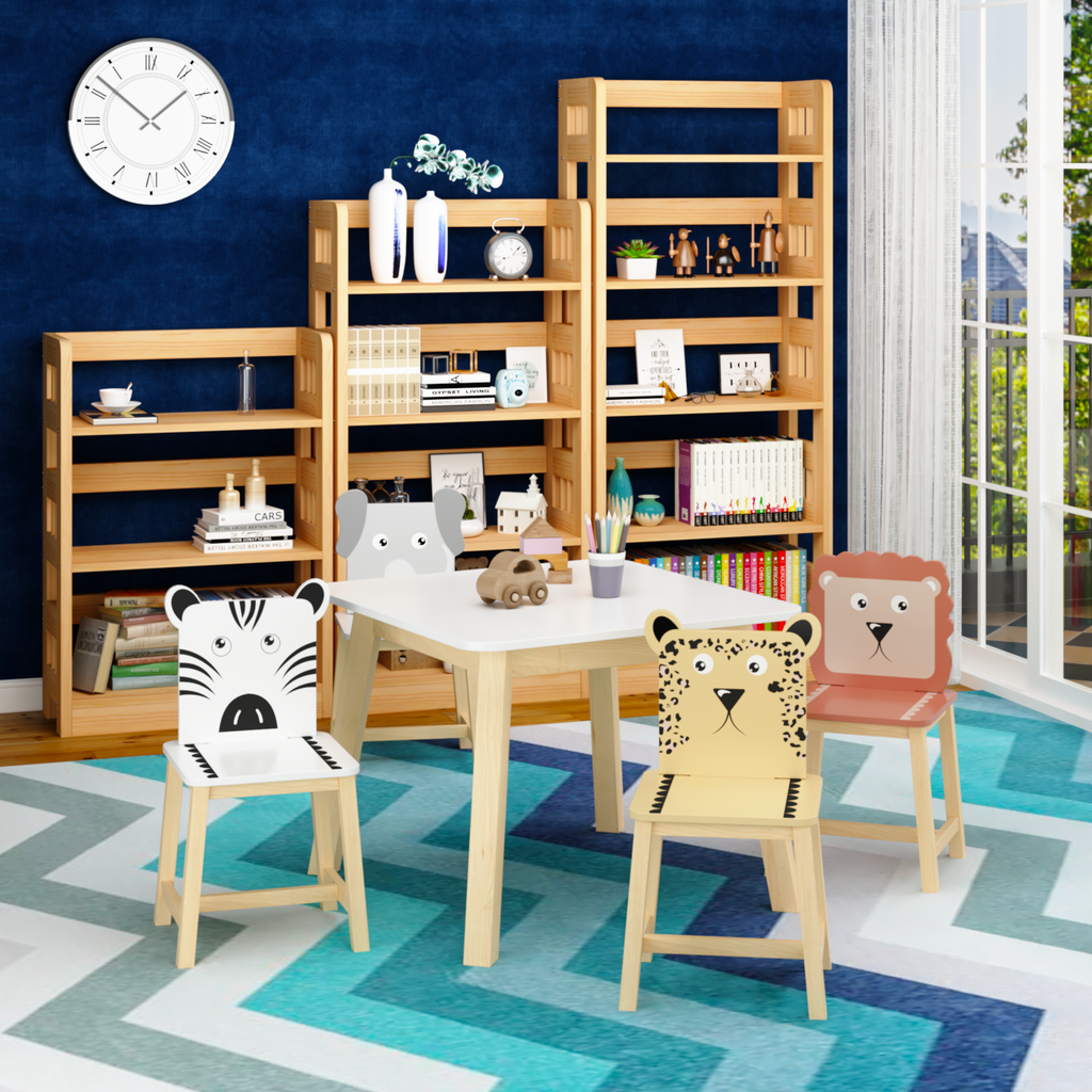 Kids Wood Table and Chair Set with Cartoon Animals Design, White Solid Wood & MDF Furniture for Ages 3-8, 5-Piece Table and C