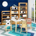 Kids Wood Table and Chair Set with Cartoon Animals Design, White Solid Wood & MDF Furniture for Ages 3-8, 5-Piece Table and C