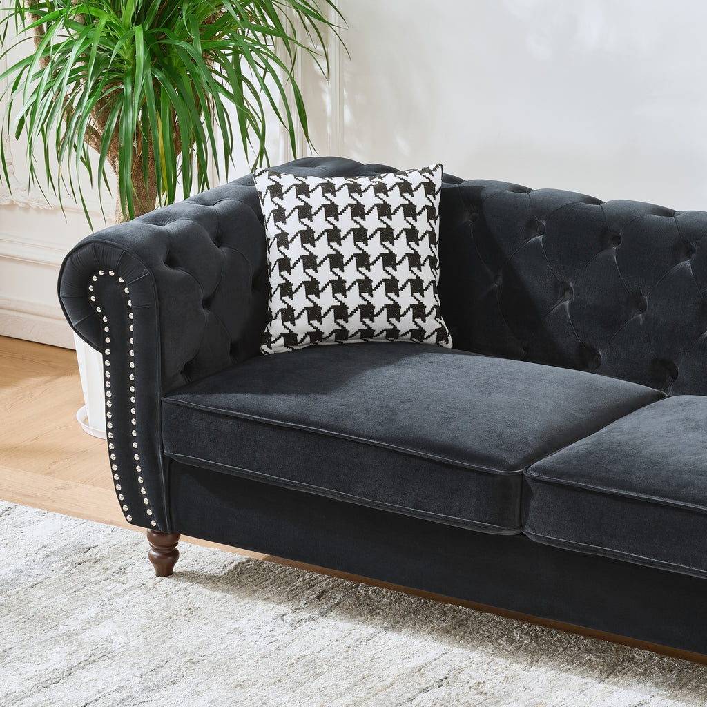 Mid Century Modern Chesterfield Velvet Sofa with Roll Armrest & Nailhead, Black, 67-Inch - Grand Goldman Shop