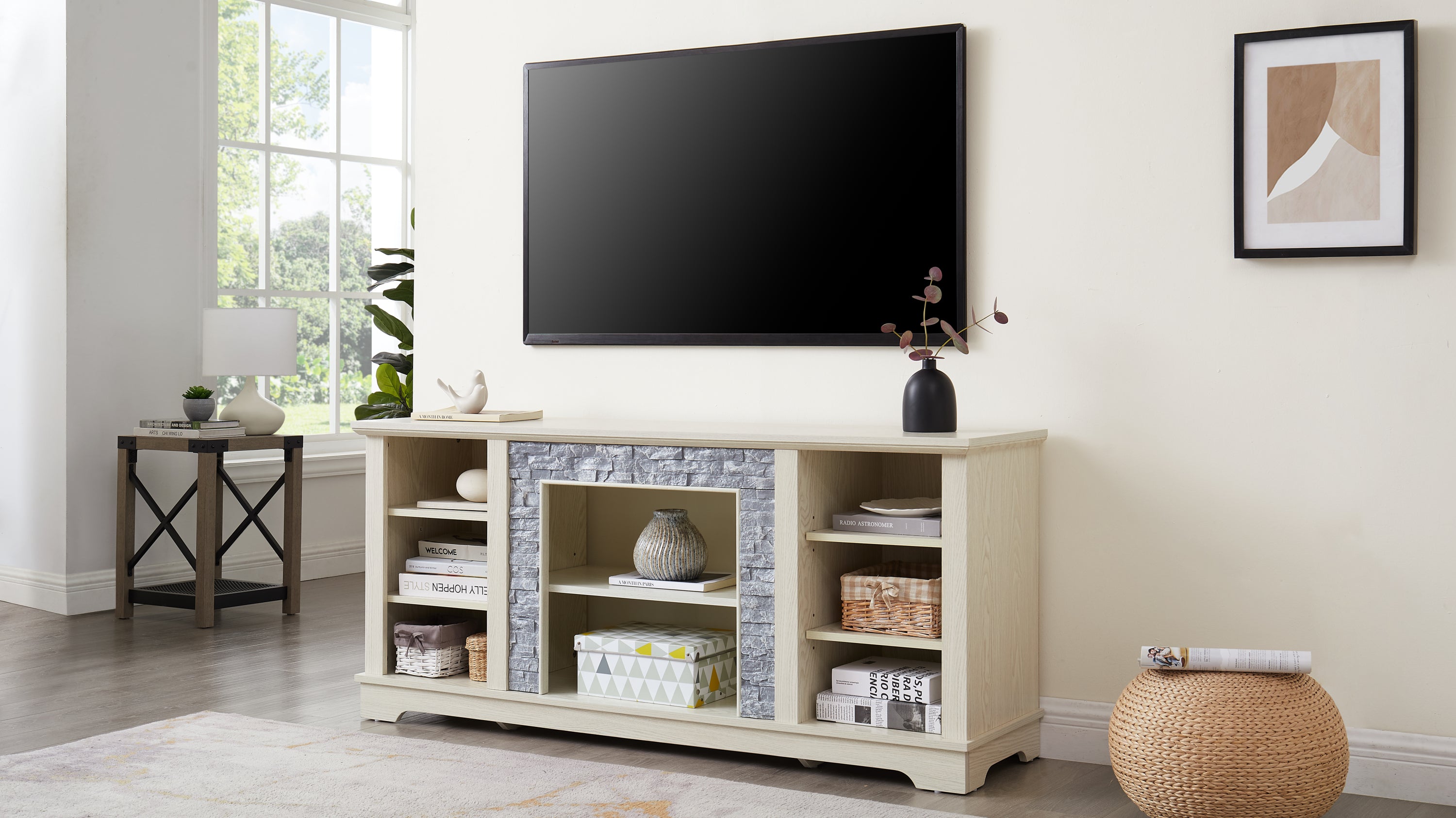 Mantel Stone TV Media Stand with with Faux Stacked Stone Surround, Modern Entertainment Console with Open Storage Space,WHITE, 58.31'W*15.39'D*26.06'H - Grand Goldman Shop