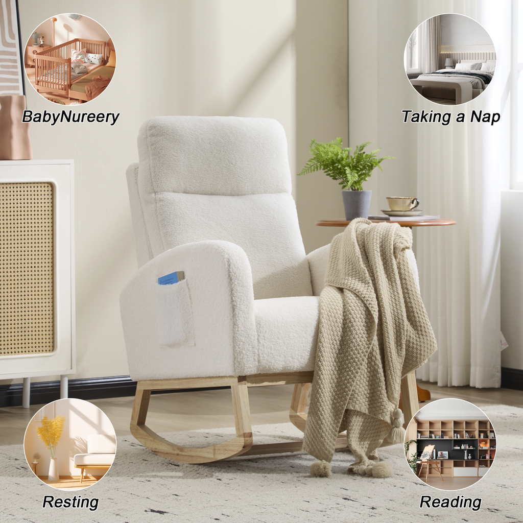 Modern Accent Rocking Chair Rocking Chair with Solid Wood Legs, Upholstered Nursery Glider Rocker, Comfy Armchair with Side Pocket, Living Room Lounge Arm Chair with High Backrest (white,teddy) - Grand Goldman Shop