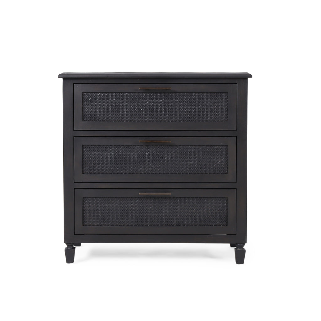 Newell Rustic Acacia Wood and Cane 3 Drawer Dresser - Grand Goldman Shop