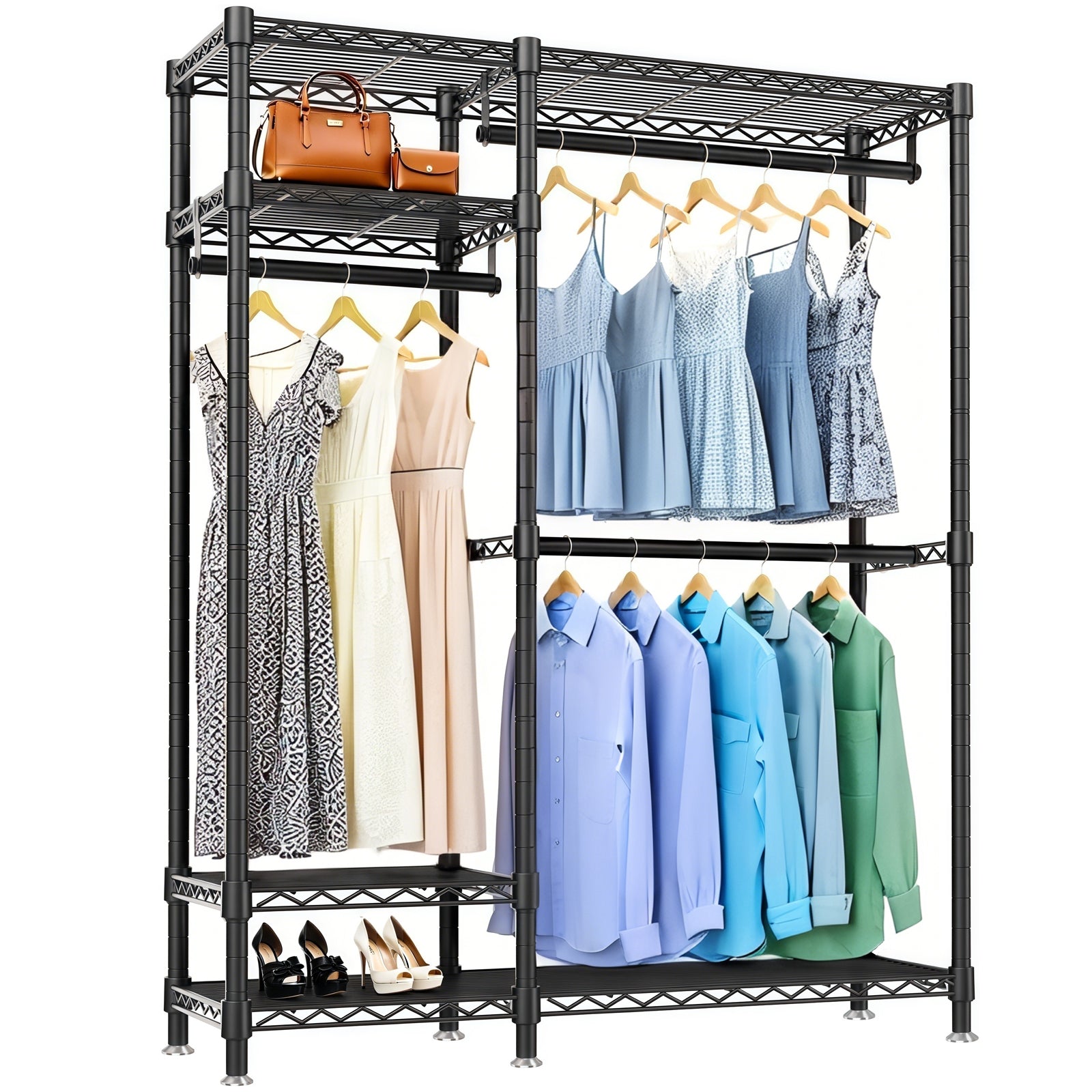 Heavy Duty Freestanding Clothes Rack, with 6 Adjustable Wire Shelves and 3 Garment Rails,Black Metal - Grand Goldman Shop