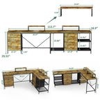 Industrial L-Shaped Computer Desk with Power Outlets & USB-C, Rustic Brown Metal Frame, 6 Fabric Drawers, 3 Open Shelves, Mov