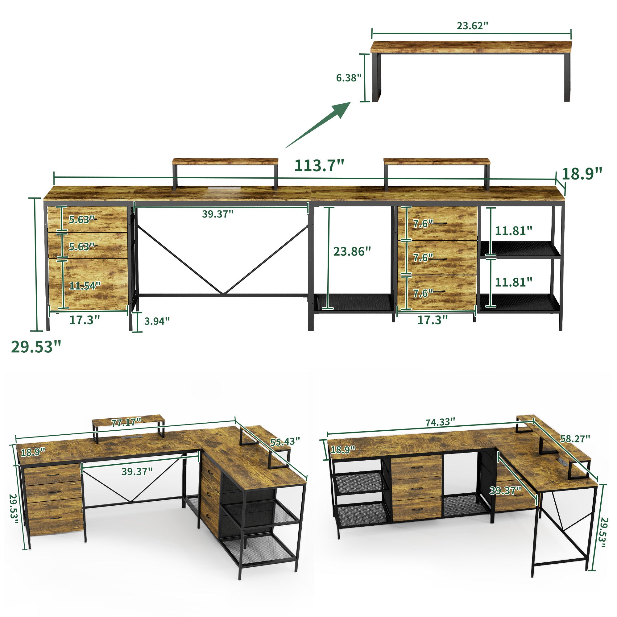 Industrial L-Shaped Computer Desk with Power Outlets & USB-C, Rustic Brown Metal Frame, 6 Fabric Drawers, 3 Open Shelves, Mov