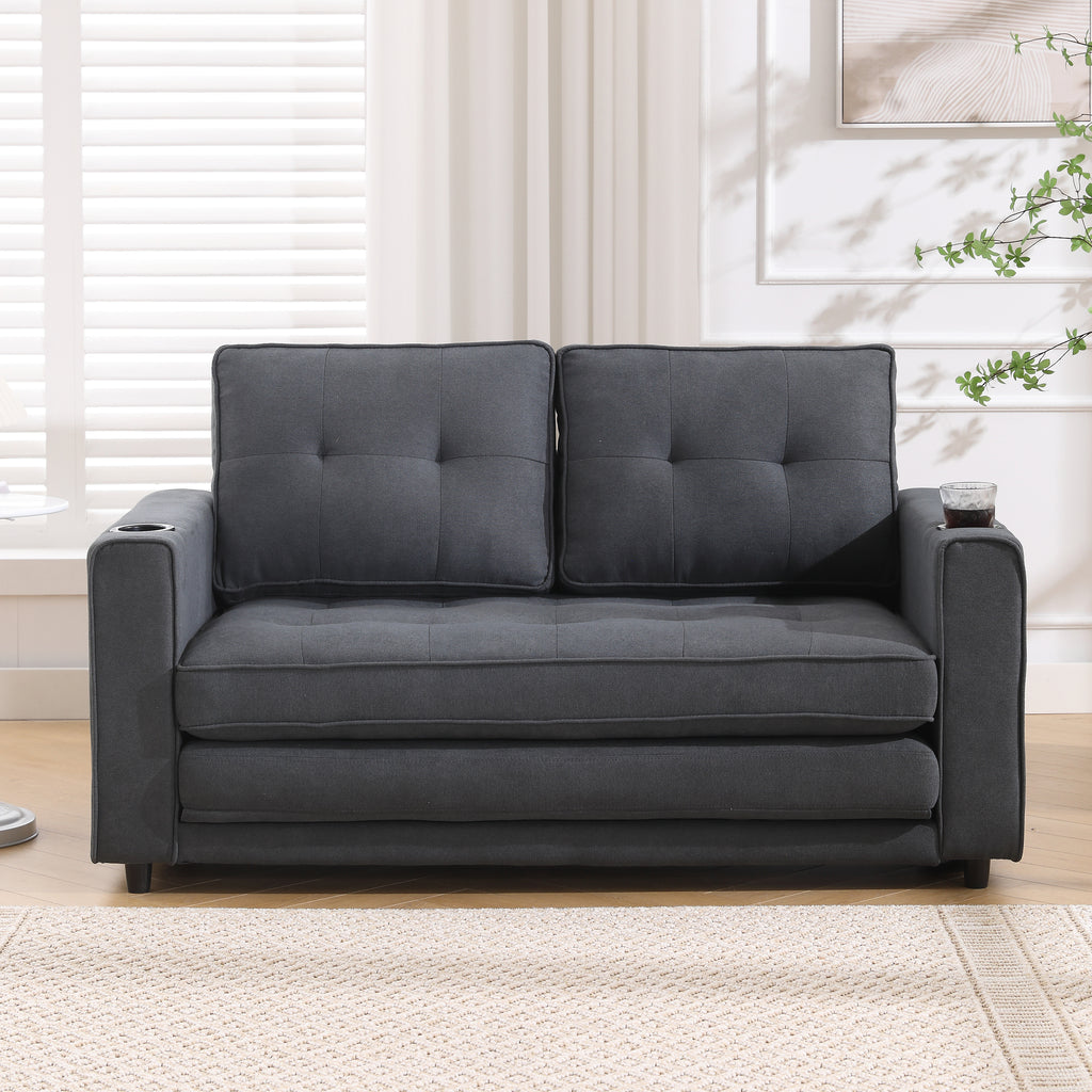 {VIDEO Provided}3-in-1 Upholstered Futon Sofa Convertible Sofa bed,Foldable Tufted Loveseat with Pull Out Sleeper Couch Bed,Folding Mattres Love Seat Daybed W/Side Pockets and Cup Holder, Dark Gray - Grand Goldman Shop