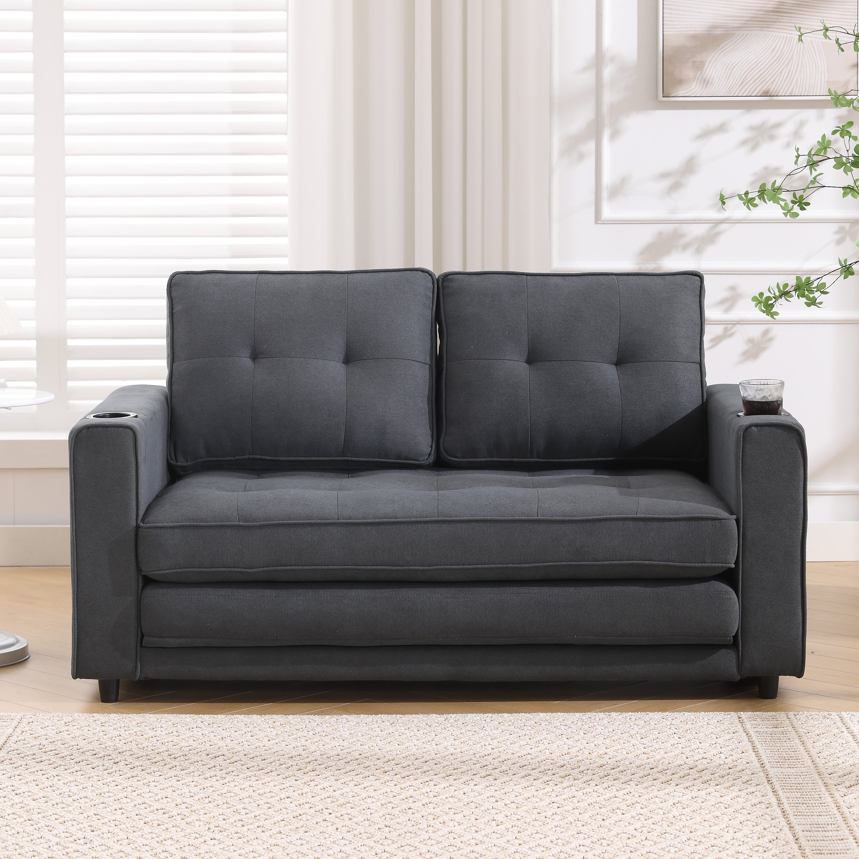 {VIDEO Provided}3-in-1 Upholstered Futon Sofa Convertible Sofa bed,Foldable Tufted Loveseat with Pull Out Sleeper Couch Bed,Folding Mattres Love Seat Daybed W/Side Pockets and Cup Holder, Dark Gray - Grand Goldman Shop