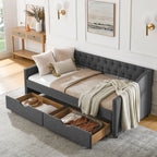 Twin Size Daybed with Drawers Upholstered Tufted Sofa Bed in Dark Grey Linen, Button Back and Copper Nail Trimmed Waved Arms, 81.5''x41''x30.5'' - Grand Goldman Shop