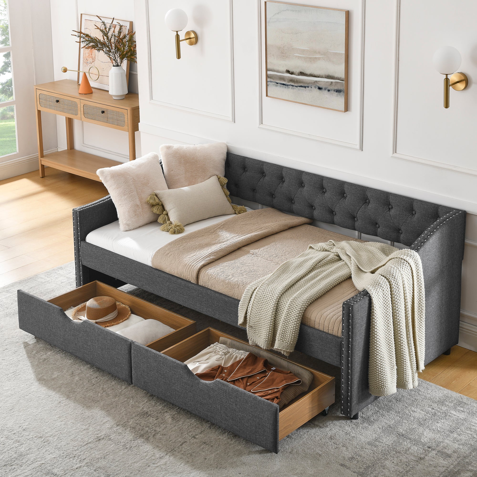 Twin Size Daybed with Drawers Upholstered Tufted Sofa Bed in Dark Grey Linen, Button Back and Copper Nail Trimmed Waved Arms, 81.5''x41''x30.5'' - Grand Goldman Shop