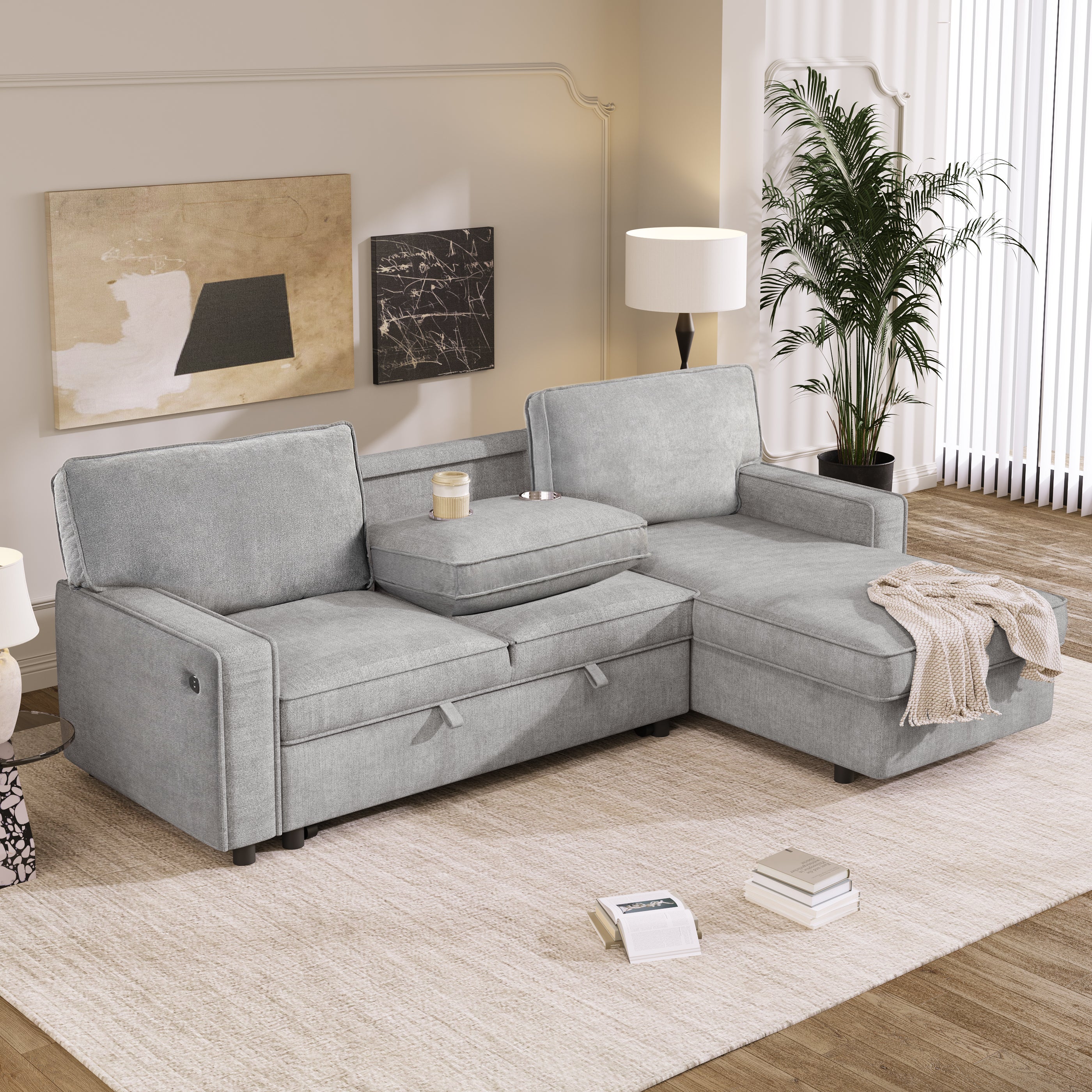 U_STYLE Upholstery Sleeper Sectional Sofa with Storage Space, USB port, 2 cup holders on Back Cushions(same sku; WY000335AAE) - Grand Goldman Shop